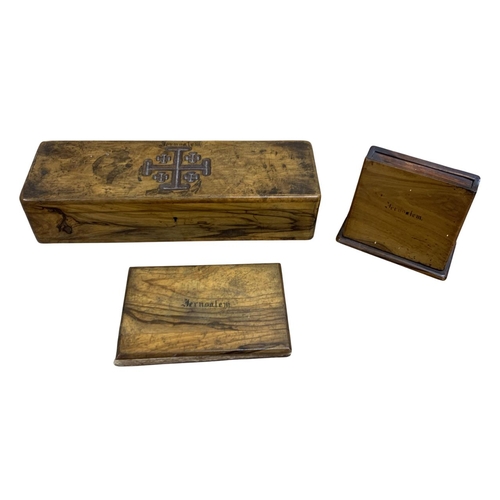 474 - Mixed quantity of Jerusalem pilgrims olivewood souvenirs to include scroll and trinket boxes, presse... 