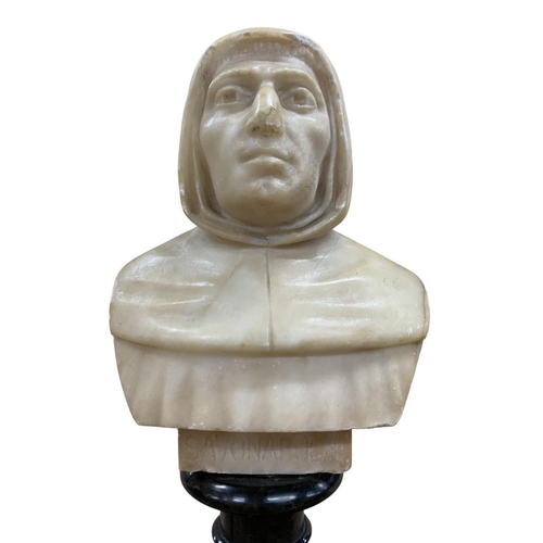 253 - Italian carved alabaster bust of Girolamo Savonarola, having inscription to front, held atop turned ... 