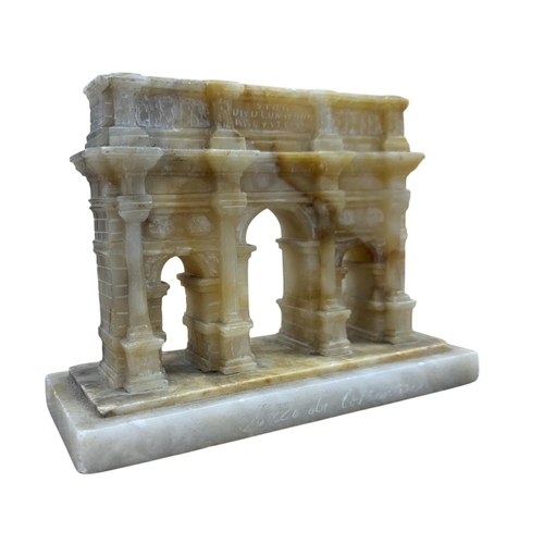 252 - Grand Tour carved alabaster model of the Triumphal Arch of Constantine in Rome, presented on a stepp... 