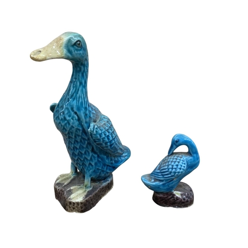 307 - Miniature Chinese turquoise duck porcelain figurine with smaller duckling example, with a further co... 