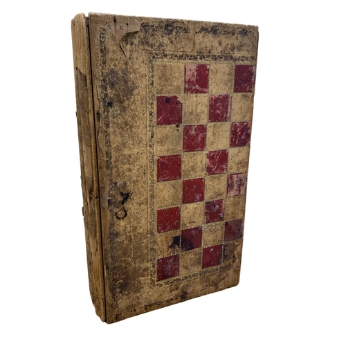 479 - Antique faux book leather wrapped games compendium box, having chess board exterior and backgammon i... 