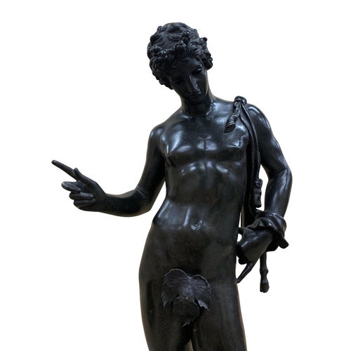 263 - Impressive Grand Tour bronze sculpture of Narcissus, held atop circular plinth base having decorativ... 