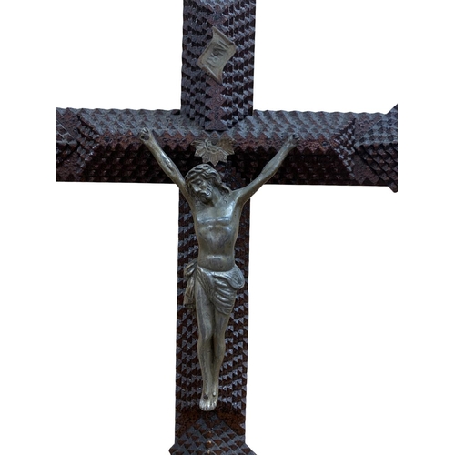 465 - Antique hand carved Tramp Art crucifix, with affixed white metal figure of Christ, H 72cm