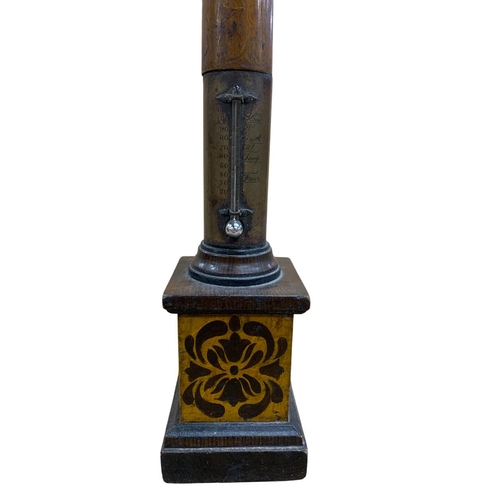 267 - Grand Tour carved wooden architectural column with applied brass thermometer, having painted floral ... 