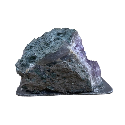 177 - Interesting Amethyst geode display modelled as mineshaft with miner, atop cut slate base, H 10cm x W... 