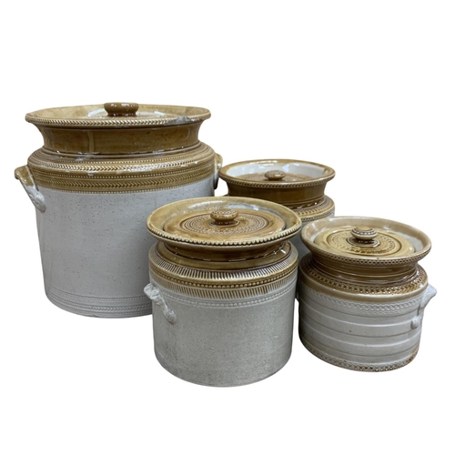 375 - Collection of antique Scottish brown salt glazed stoneware lidded kitchen crock pots, largest H 26cm... 