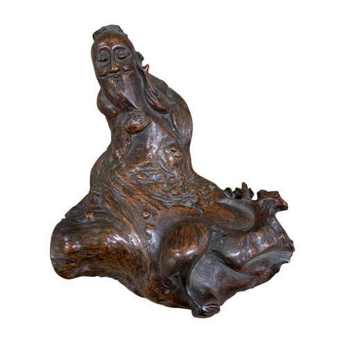 302 - Antique Chinese root carving of a sage and stag, 15 x 12cm