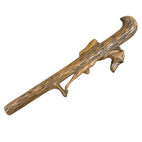 483 - Exceptional hard carved boxwood walking stick handle in the form of Greyhound dog, L 32cm