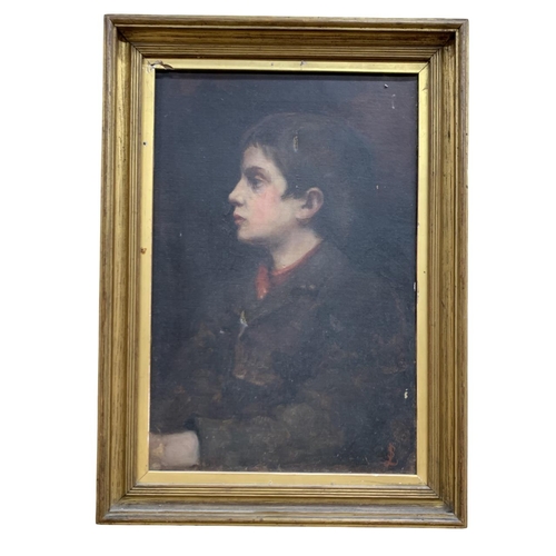 1476 - 19th century English school - side profile portrait of young boy, indistinctly signed, oil on canvas... 