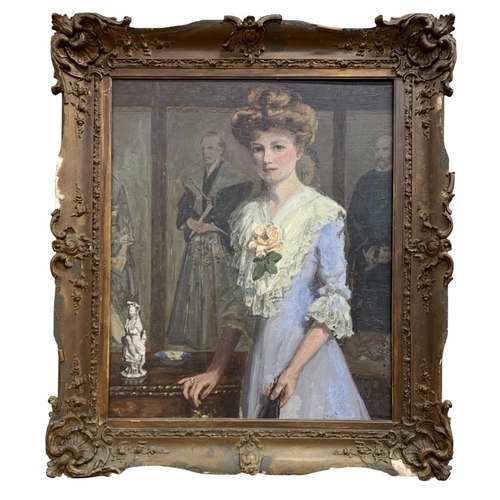 1477 - 19th century English school - half body portrait of lady in blue dress, unsigned, oil on board, 75cm... 