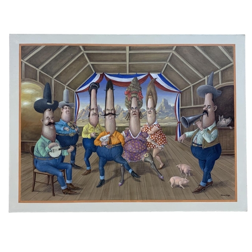 1486 - Edwin Cripps (b. 1949) - American deep south line dancing surrealist scene, signed, oil on canvas, 8... 