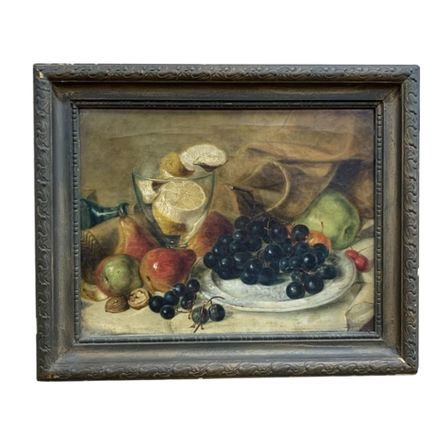 1490 - James Charles Ward (active 1830 - 1875) still life of fruit on table setting, signed to verso, oil o... 