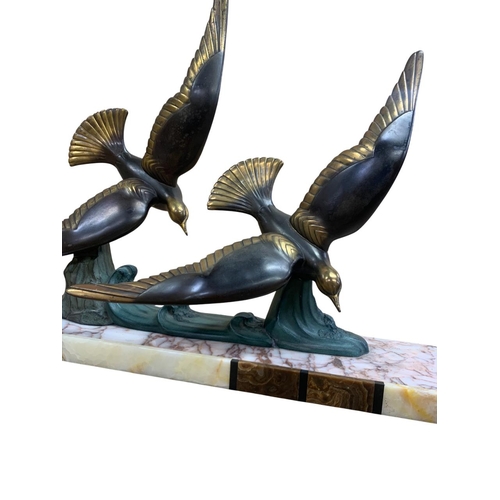 542 - Large Art Deco 1920's cold painted spelter sculpture of two soaring seagulls over crashing waves, ea... 