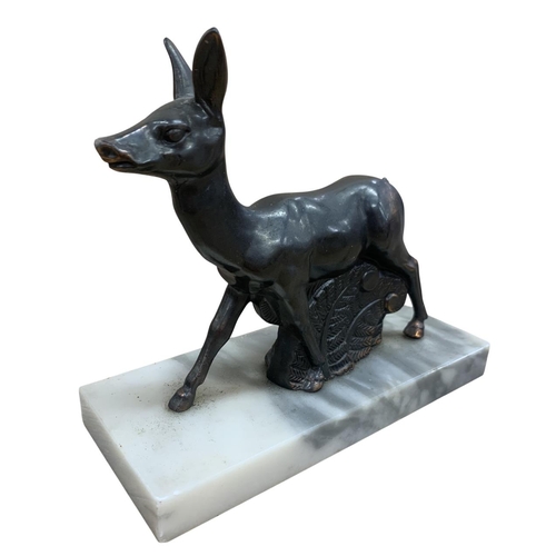 543 - Pair of French cold painted spelter deer sculptures, each atop rectangular marble base, W 18cm x H 1... 