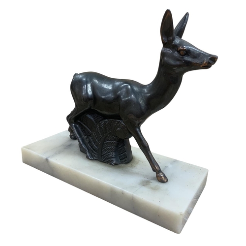 543 - Pair of French cold painted spelter deer sculptures, each atop rectangular marble base, W 18cm x H 1... 