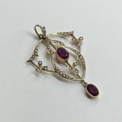 26 - Period 9ct Art Nouveau drop pendant with garnets and seed pearls, 5 x 4cm, 2.8g