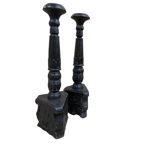 320 - Mixed assortment of Indian woodenware to include an impressive pair of carved hardwood candlesticks,... 