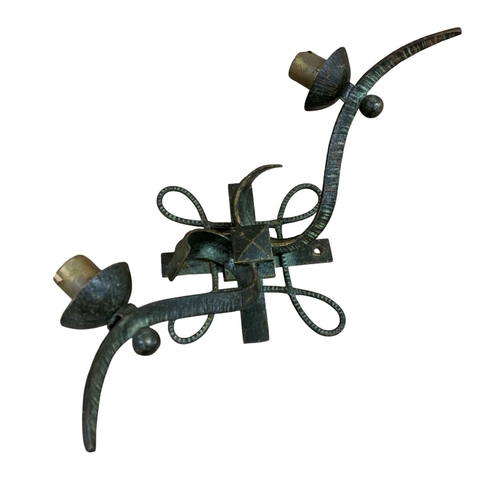 1077 - Trio of French Brutalist bronze wall lights, each having a cross backing with twisted rope surround,... 