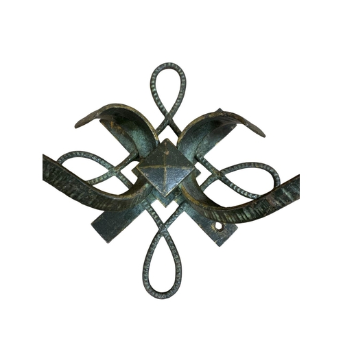 1077 - Trio of French Brutalist bronze wall lights, each having a cross backing with twisted rope surround,... 