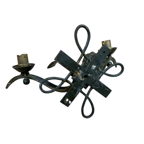 1077 - Trio of French Brutalist bronze wall lights, each having a cross backing with twisted rope surround,... 