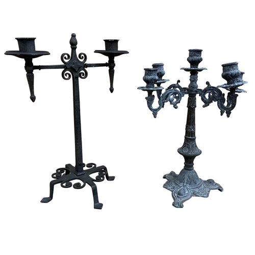 1078 - Mixed quantity of candelabra and lighting to include an Ecclesiastical hand forged iron alter candle... 