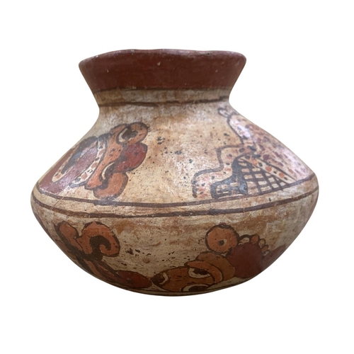 322 - Early Pre-Columbian pottery water vessel, having polished polychrome decoration depicting mythical c... 