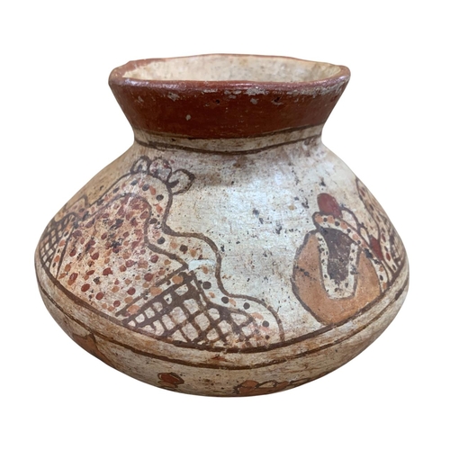 322 - Early Pre-Columbian pottery water vessel, having polished polychrome decoration depicting mythical c... 