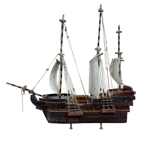 494 - Impressive scratch built wooden galleon ship model, having detailed deck furnishings and canvas sail... 