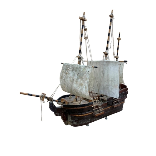 494 - Impressive scratch built wooden galleon ship model, having detailed deck furnishings and canvas sail... 