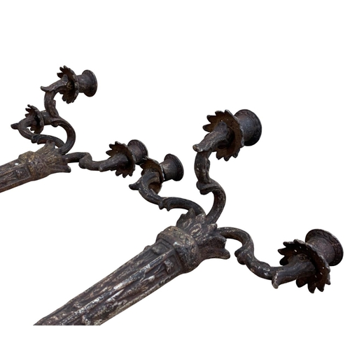 1090 - Pair of French cast iron three sconce wall candelabra, having scrolled adjustable arms, H 44cm x W 3... 