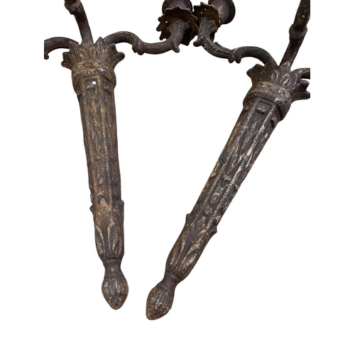 1090 - Pair of French cast iron three sconce wall candelabra, having scrolled adjustable arms, H 44cm x W 3... 