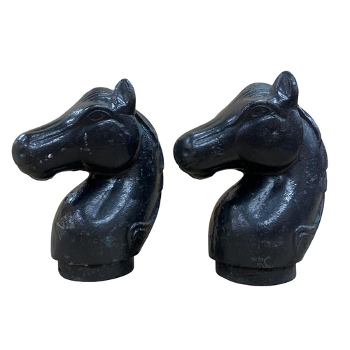 545 - Pair of black painted cast iron horse head post stoppers / finials, H 23cm