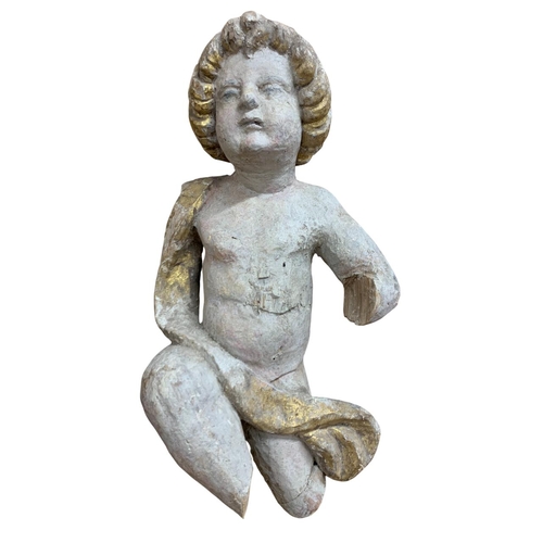 504 - Pair of 18th century Italian carved wooden cherubs with gilding to their curled hair and the fabric ... 