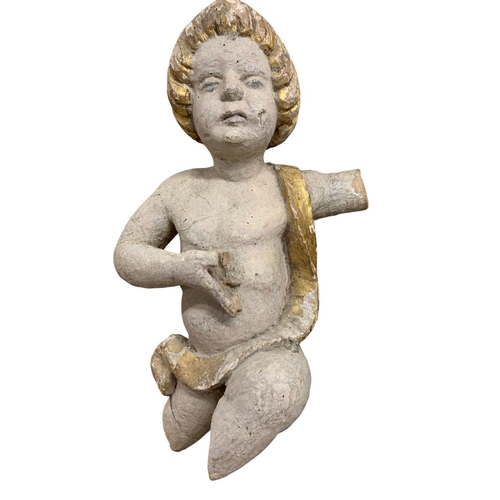 504 - Pair of 18th century Italian carved wooden cherubs with gilding to their curled hair and the fabric ... 