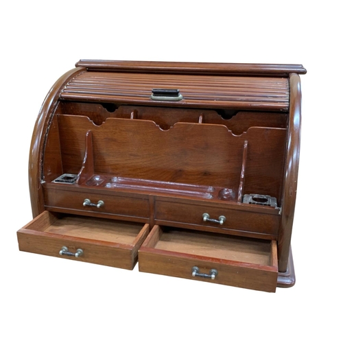 499 - Good quality Victorian tambour fronted mahogany stationery cabinet, with inkwells, two faux drawers ... 