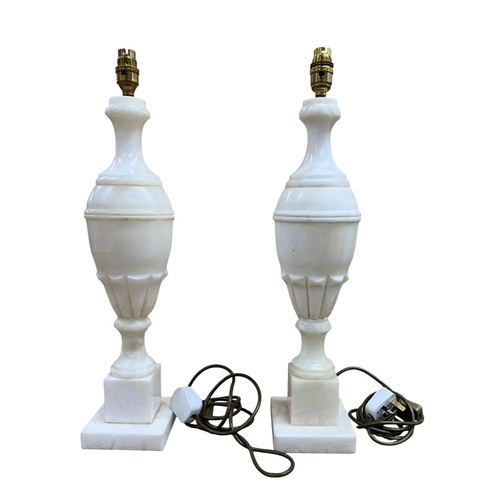 1098 - Pair of white marble table lamps of baluster form raised on pedestal bases, H 56cm