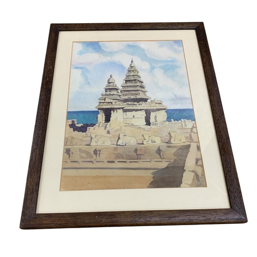 1501 - 20th century Indian school - Seven Pagodas of Mahabalipuram, indistinctly signed, watercolour, 32cm ... 