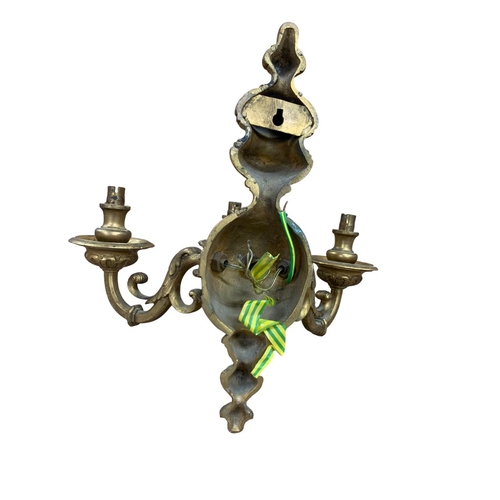 1096 - Pair of heavy cast brass three branch wall lights with scrolling acanthus details, H 37cm x W 36cm