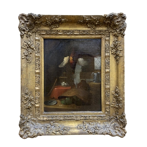 1545 - 19th century school - Gamekeepers interior, unsigned, oil on panel, 26 x 20cm, gilt frame