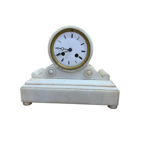 206 - Alabaster twin chain drum head mantle clock with a further mahogany Serpentine cased mantle clock ex... 