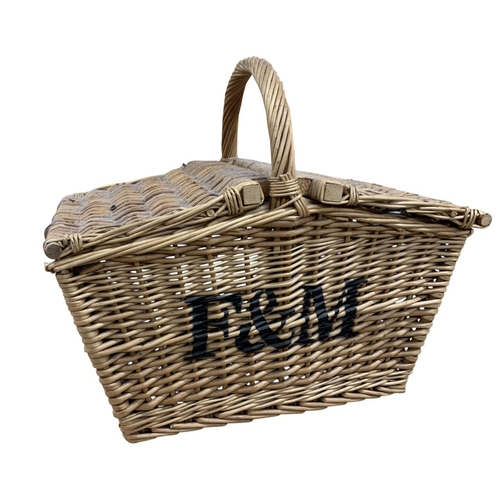 596 - Fortnum & Mason twin flap wicker picnic basket with additional hamper, each having original brown le... 