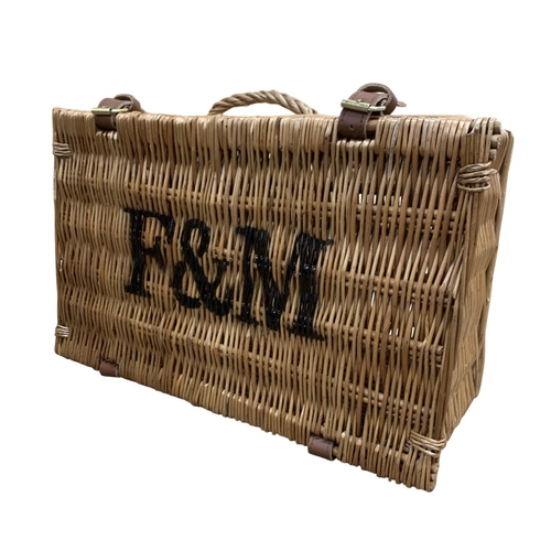 596 - Fortnum & Mason twin flap wicker picnic basket with additional hamper, each having original brown le... 