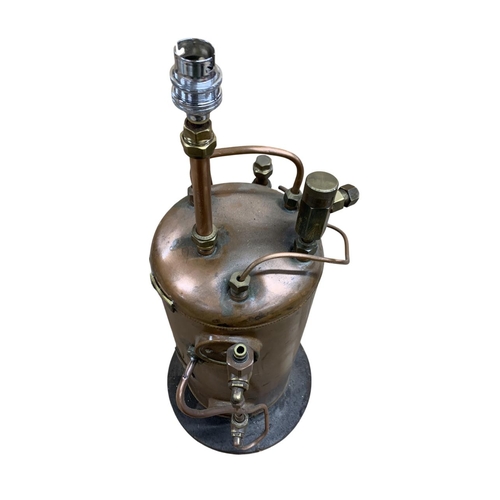 1083 - Unusual industrial copper table lamp, in the Steampunk style, the copper cylinder being being adorne... 