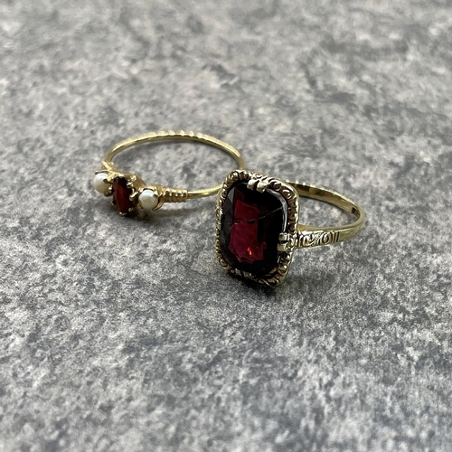 24 - 9ct garnet and seed pearl ring, size N/O, with a solitaire garnet ring, 2.5ct approx, size M, (stone... 