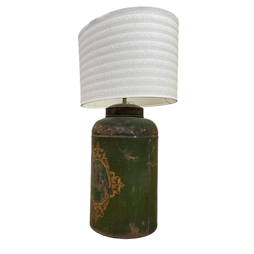 1115 - 19th century toleware tea cannister converted to a table lamp, H 70cm.