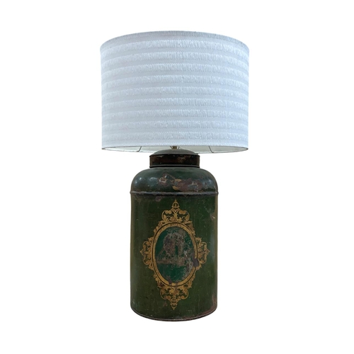 1115 - 19th century toleware tea cannister converted to a table lamp, H 70cm.