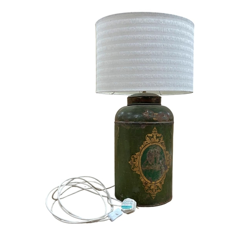 1115 - 19th century toleware tea cannister converted to a table lamp, H 70cm.