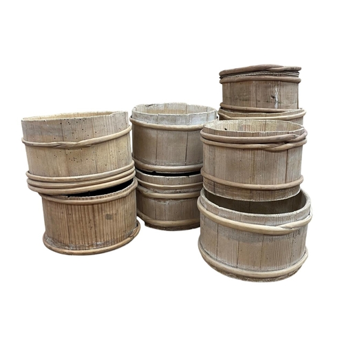 505 - Quantity of French cane bound kitchen / cheese preparation dishes or buckets, largest approx 21cm di... 