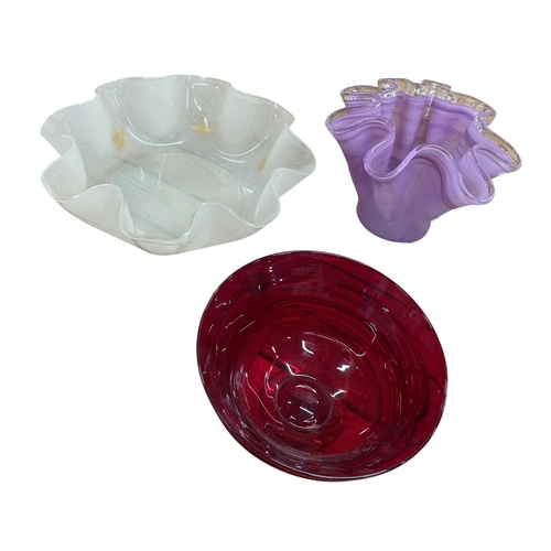 402 - Assortment of Murano glass to include purple facoletto vase, a ruby red glass bowl with trailing amb... 