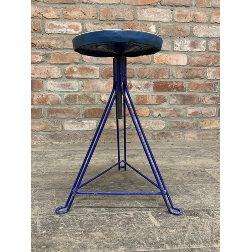 1184 - Mid Century adjustable stool with original vinyl seat on blue painted metal frame support, circa 195... 